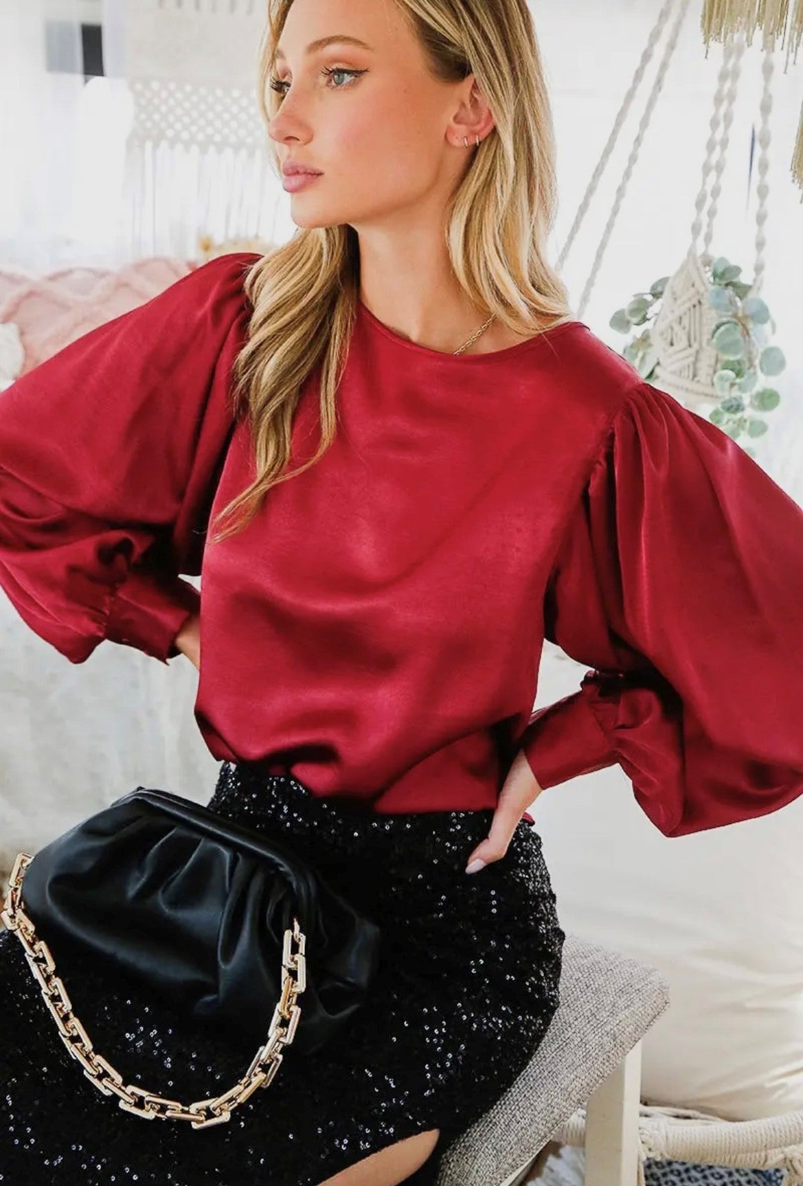 Round Neck Balloon Satin Blouse (Key Hole At Back) - Burgundy