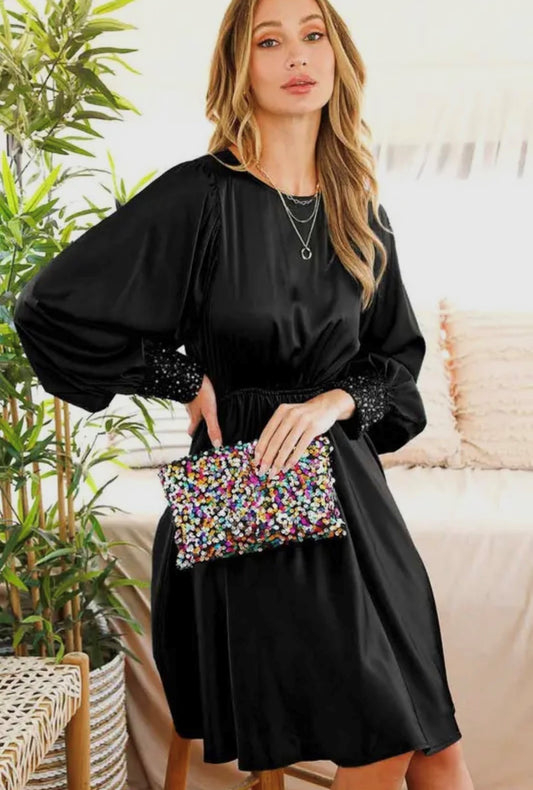 Puff Long Sleeve with Sequin Midi Satin Dress - Black