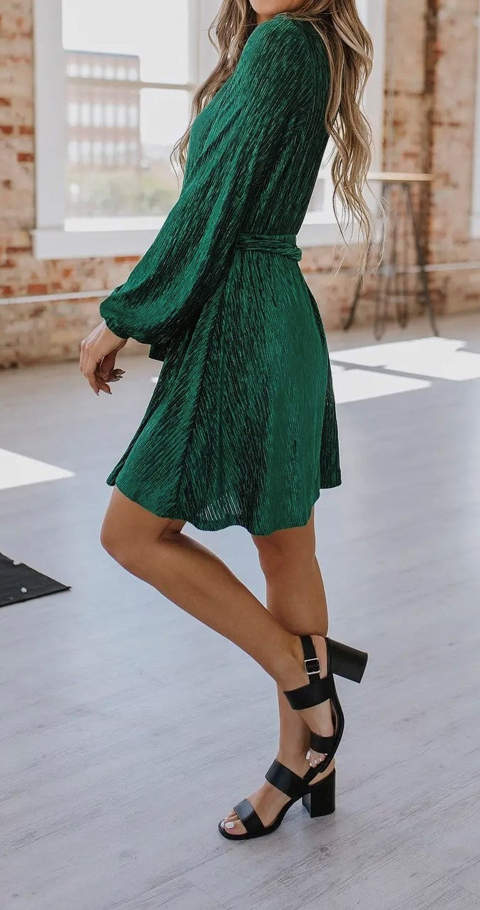 Meri Crinkle Velvet Dress in Green