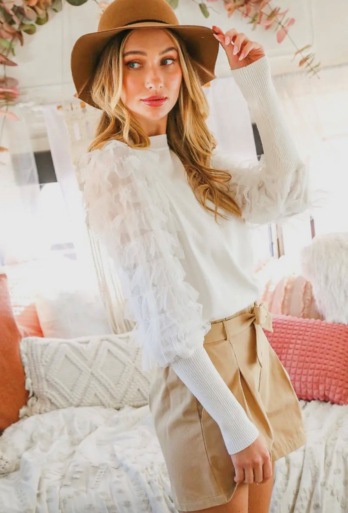 Mock Neckline Sweater With Tiered Lace Detail On Sleeves - White