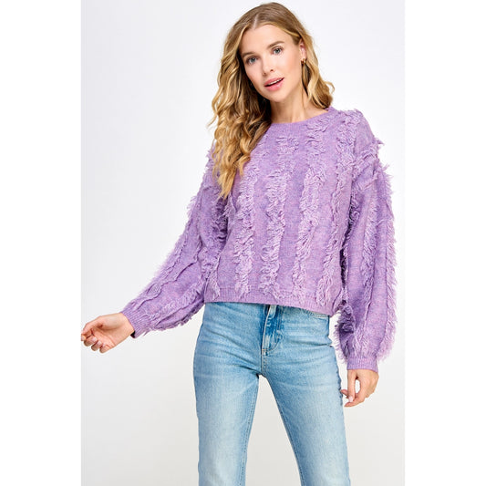 Murre Fringe Balloon Sleeve Pullover Knit Sweater