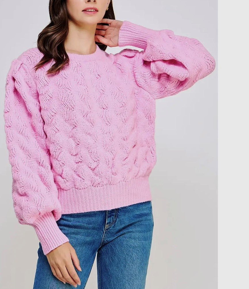 Textured Wave Thick Knit Sweater- Aurora Pink