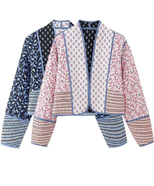 Gorgeous Paisley Print Buttonless V-Neck Reversible Quilted Crop Jacket