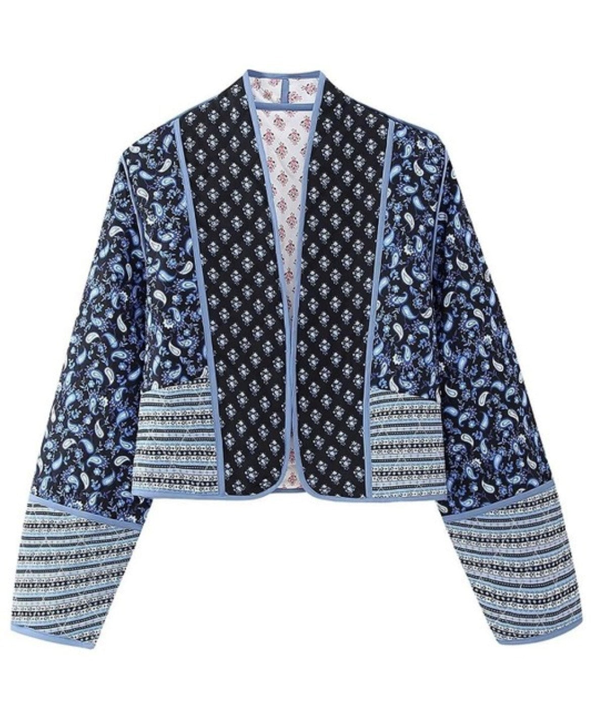 Gorgeous Paisley Print Buttonless V-Neck Reversible Quilted Crop Jacket