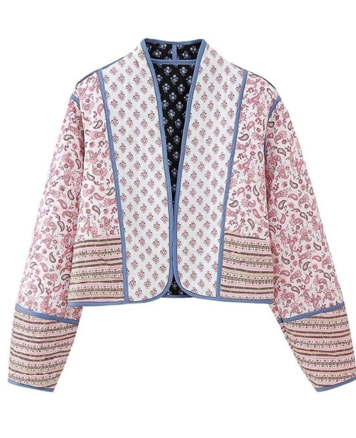 Gorgeous Paisley Print Buttonless V-Neck Reversible Quilted Crop Jacket