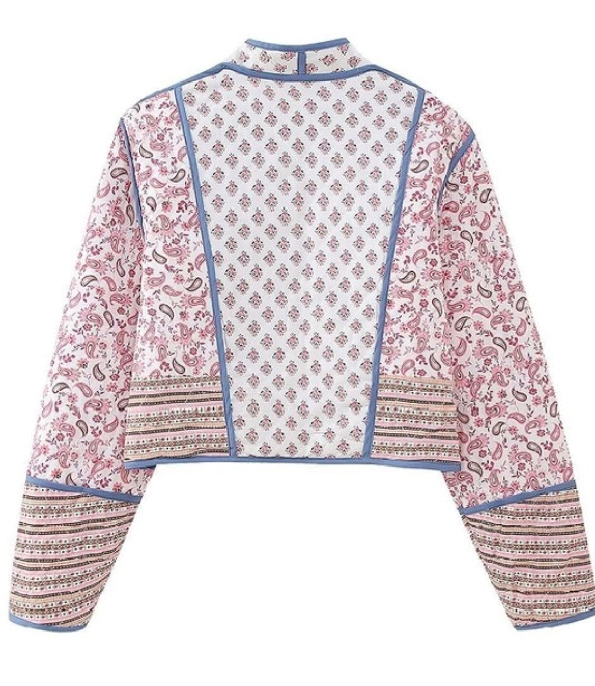 Gorgeous Paisley Print Buttonless V-Neck Reversible Quilted Crop Jacket