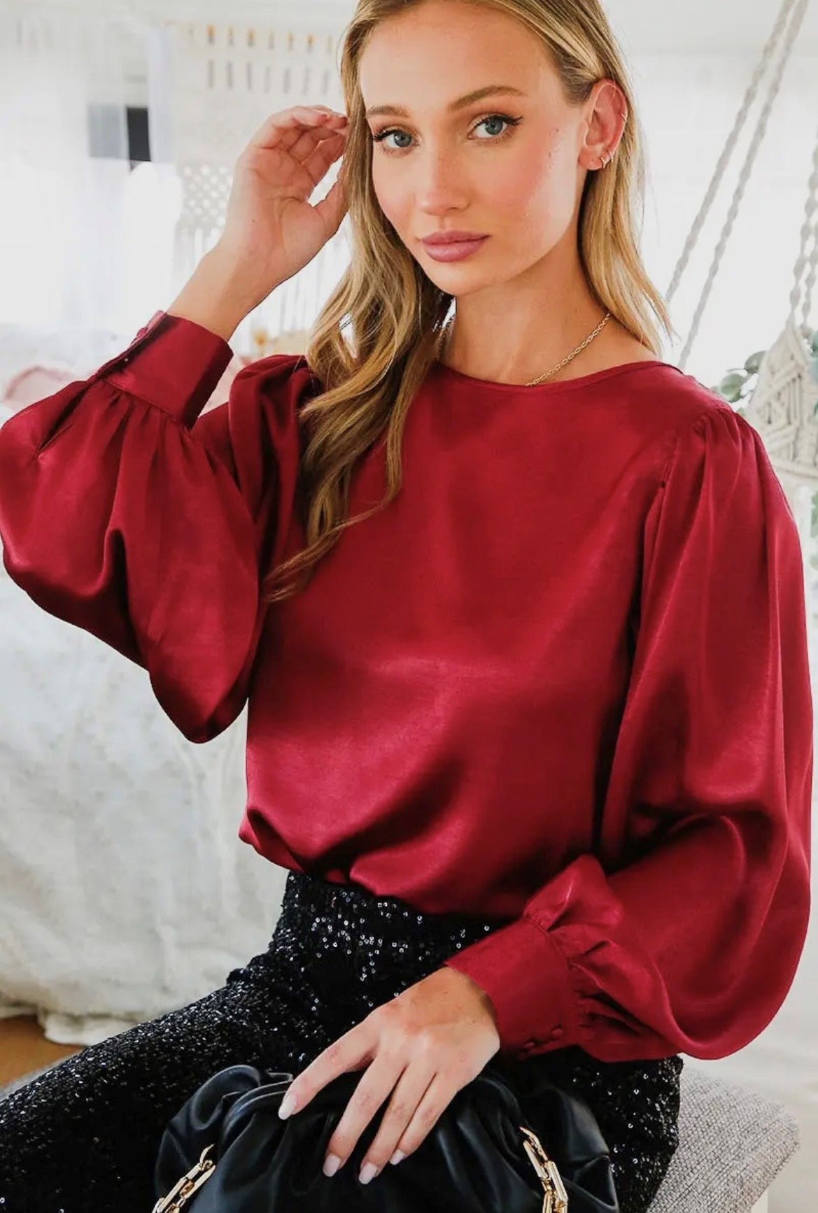 Round Neck Balloon Satin Blouse  (Key Hole At Back)  - Burgundy