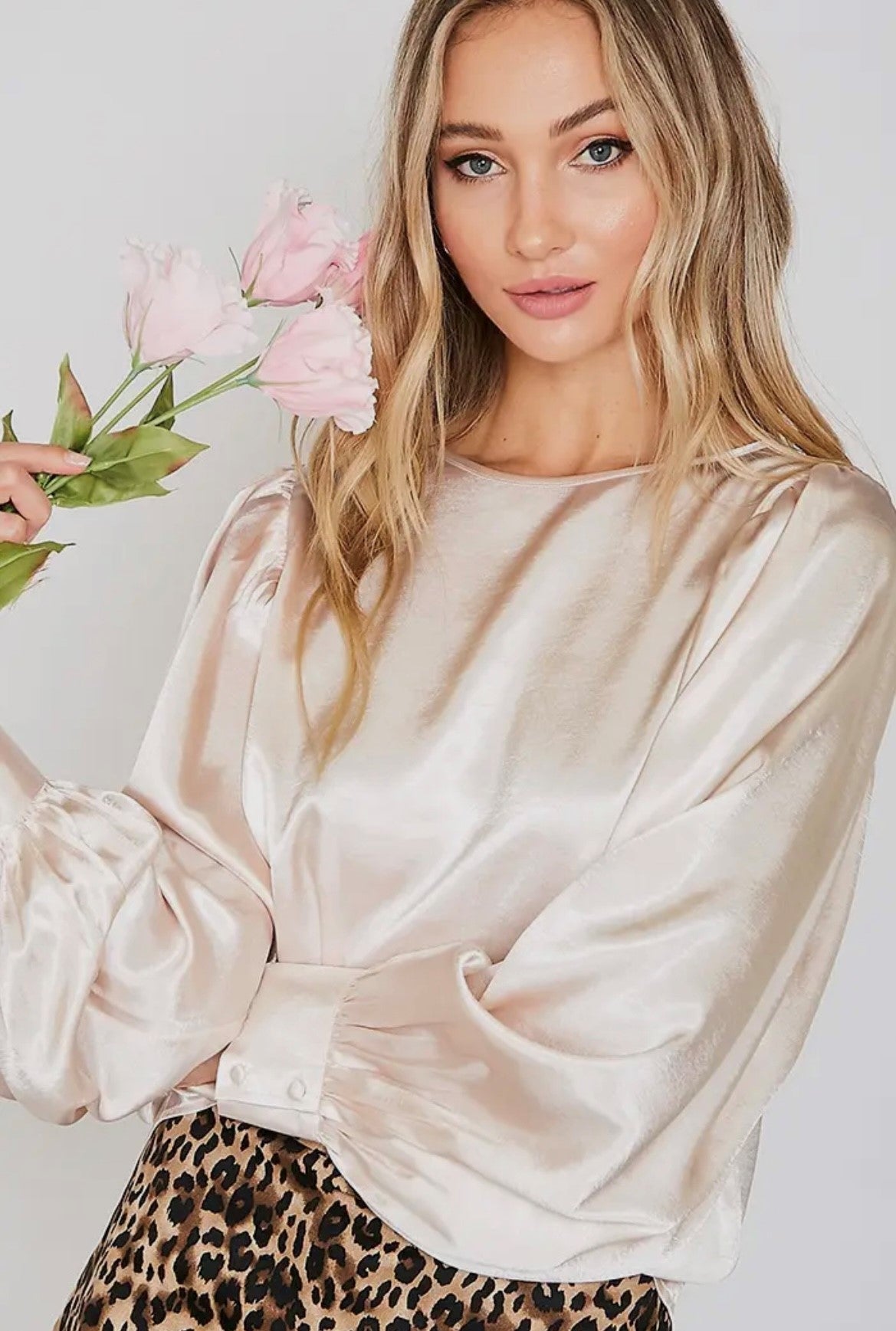 Round Neck Balloon Satin Blouse (Key Hole At Back ) - Champagne