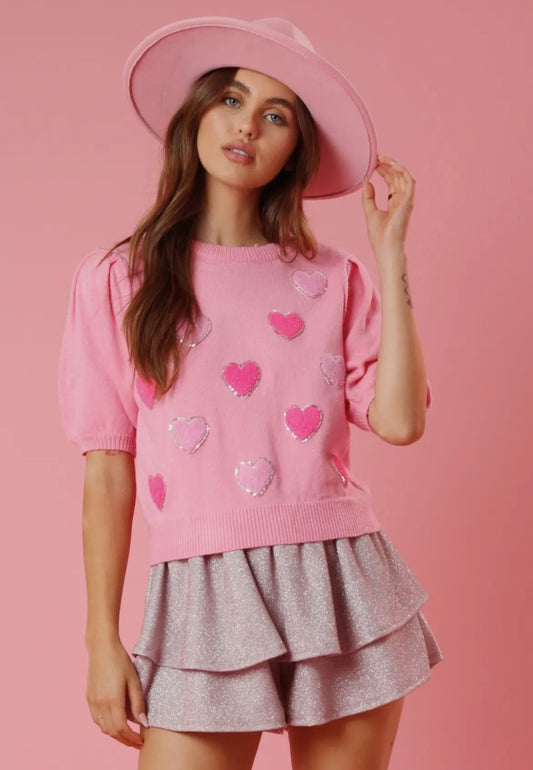 Sequin Hearts Sweater - PINK