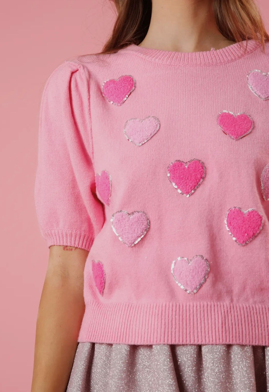 Sequin Hearts Sweater - PINK