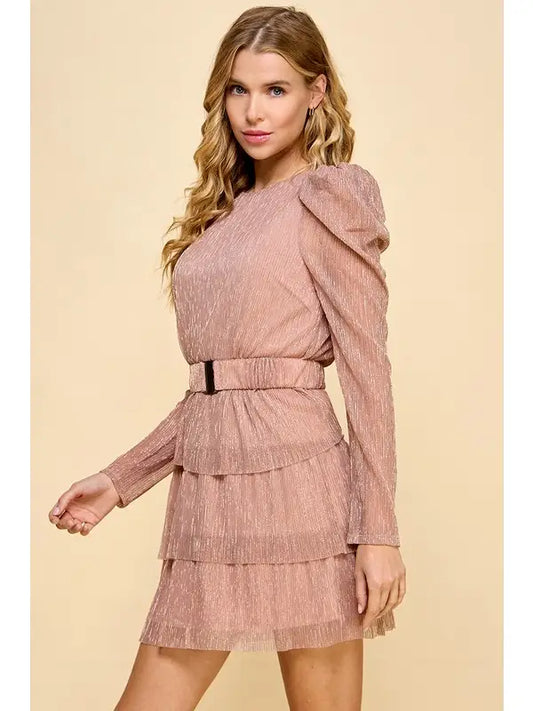 Rose Gold Shimmer Belted Dress