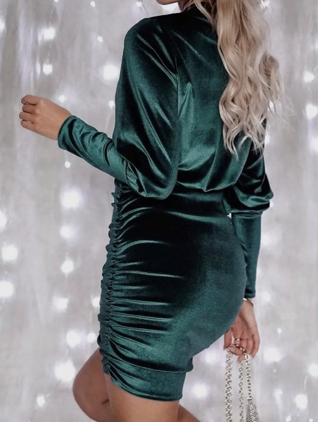 Velvet Puff Sleeve Holiday Dress in Green