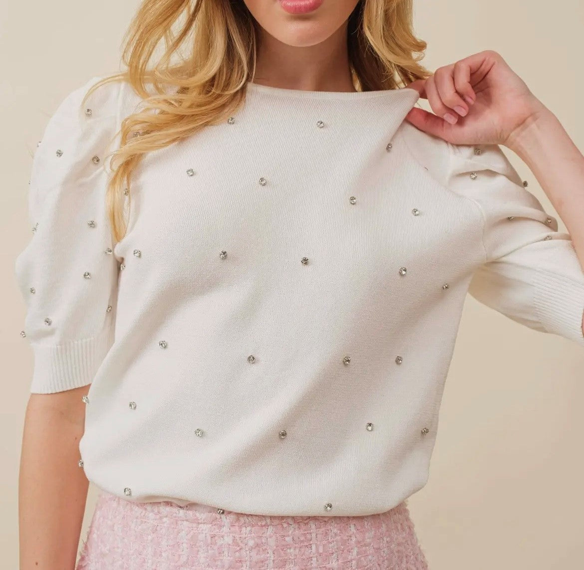 Rhinestone Puff Sleeve Sweater in Cream