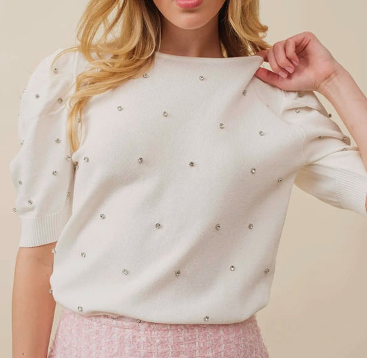 Rhinestone Puff Sleeve Sweater in Cream